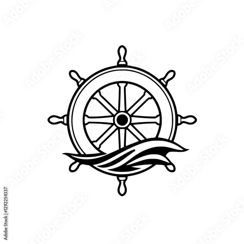 Classic black and white image of a ship’s helm wheel with the waving sea below, steering the direction.