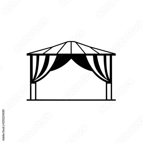 Black and white gazebo icon with a roof, and flowing curtains, set against a white background.