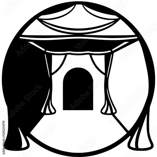 Black and white stylized illustration of a ceremonial wedding canopy, enclosed within a circular frame, symbolizing a sheltered space.