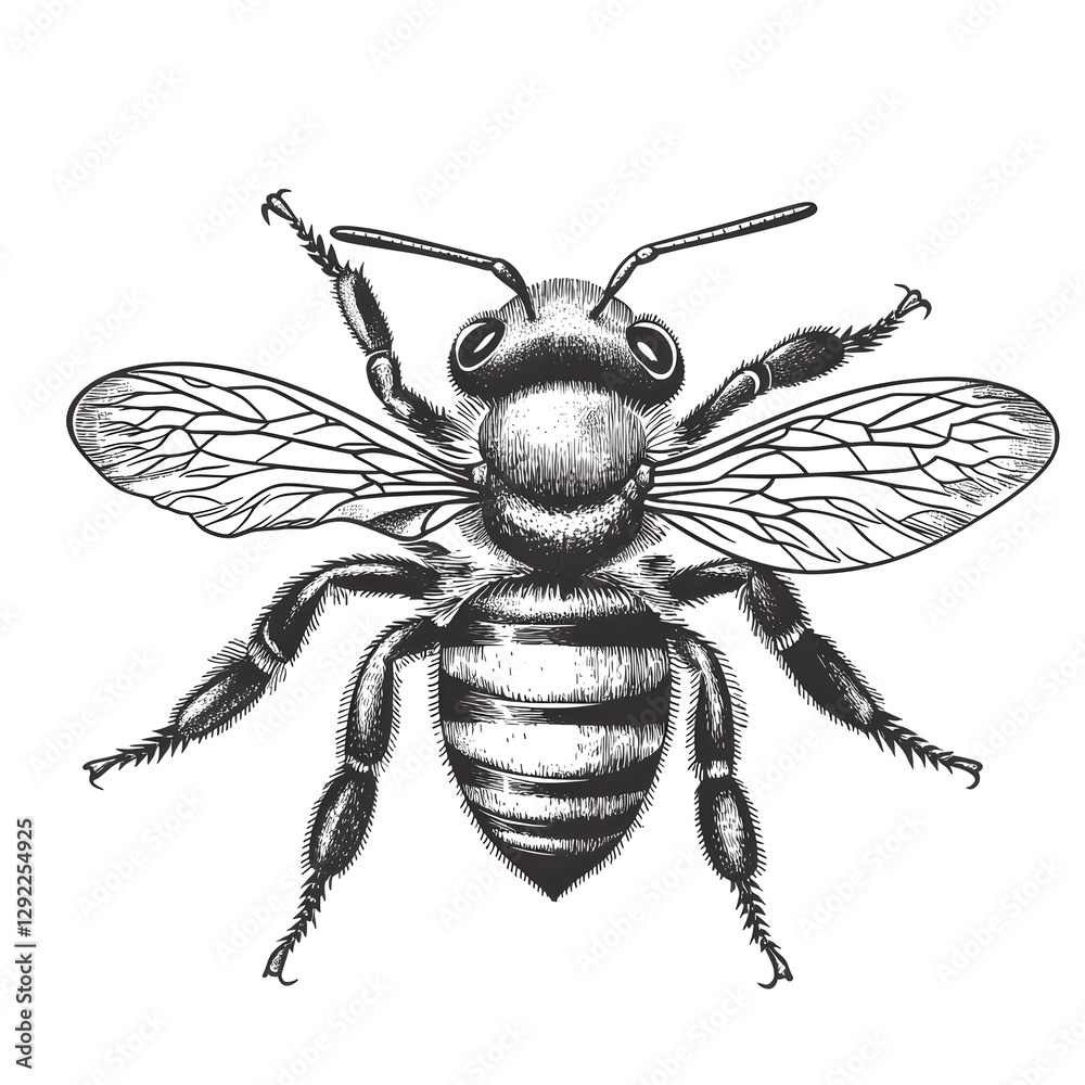Obraz premium honey bee with intricate details, showcasing its wings, legs, and striped body in a realistic style sketch engraving generative ai raster illustration. Scratch board imitation. Black and white image.