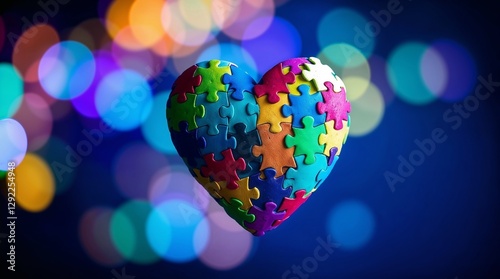 An ethereal, spiritual heart composed of colorful puzzle pieces on a blue background.