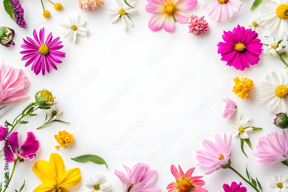 A frame of vibrant flowers on a white background with ample space for a greeting card. A frame of vibrant flowers on a white background with ample space for a greeting card.