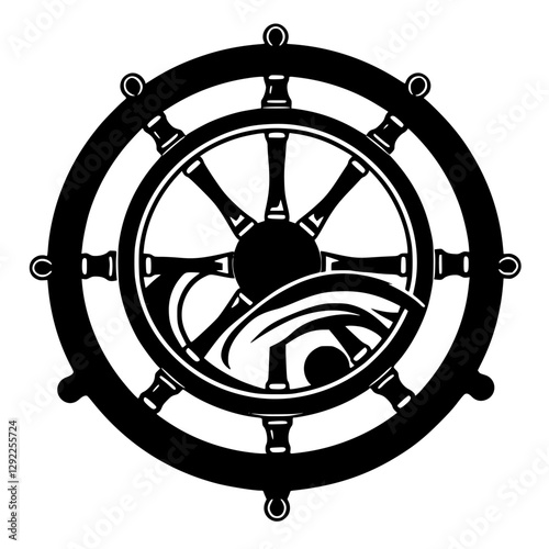Black and white ship's wheel illustration of a helm with waves.