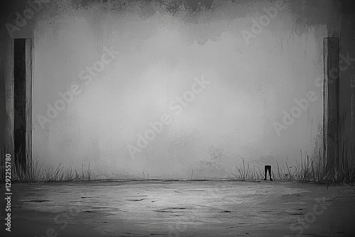 A desolate, monochrome landscape with two tall pillars and a solitary figure in the foreground