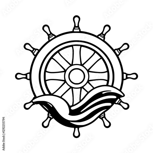 Nautical steering wheel with ocean wave, design in a vector style.