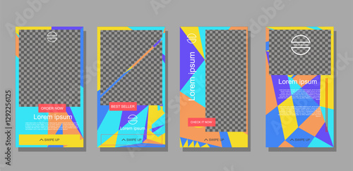 Set of four abstract vector templates with geometric shapes and a modern design.  Ideal for social media posts, stories, marketing materials, and presentations.  Easily customizable and scalable.