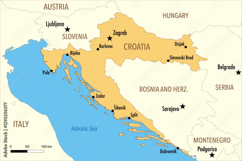 Obraz premium Vector Map of Croatia with Major Cities and Neighboring Countries – Editable Infographic
