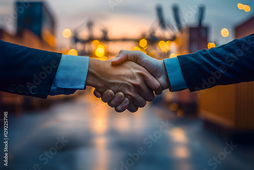 Handshaking between business partners amid bustling international logistics transportation hub at twilight