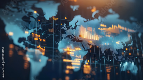 High-resolution image of financial graphs and charts overlaying a world map. photo