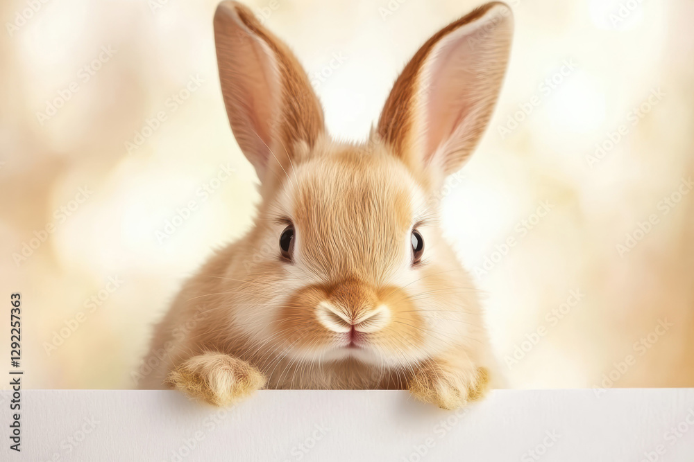 Obraz premium A fluffy baby rabbit with a floppy ear peeks playfully over a blank white sign. Its adorable stance showcases the charm and whimsy inherent in young animals.