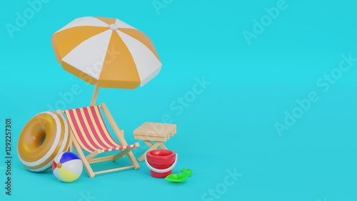 Wallpaper Mural 3D beach scene with umbrella, chair, inflatable ring, and beach ball on solid bright backgrounds.  Perfect for summer and vacation themes. Suitable for promoting and marketing. Torontodigital.ca