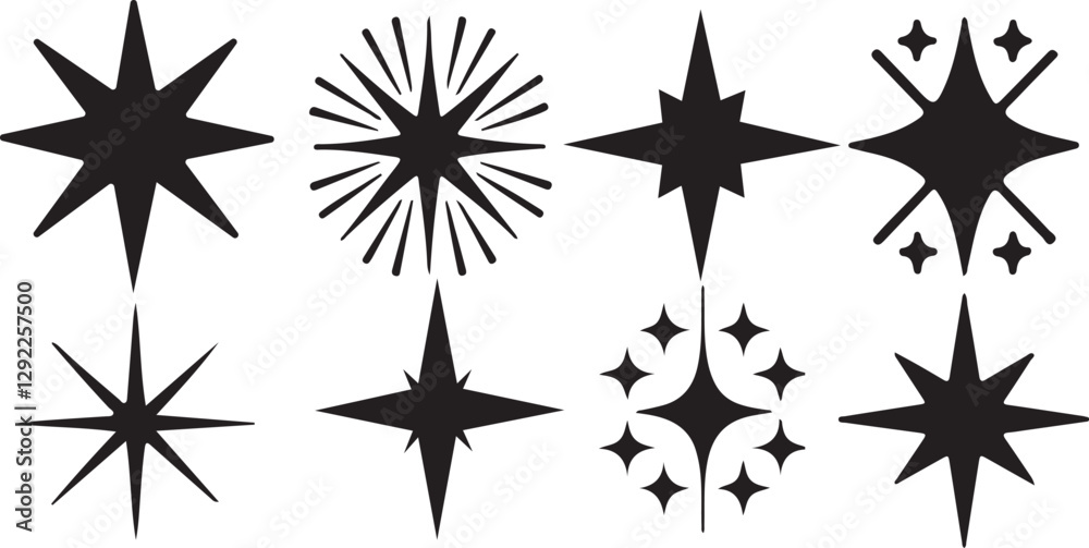 Sparkling vector star icons with Y2K inspired geometric twinkle and glowing light bursts Sparkling vector star icons with Y2K inspired geometric twinkle and glowing light bursts