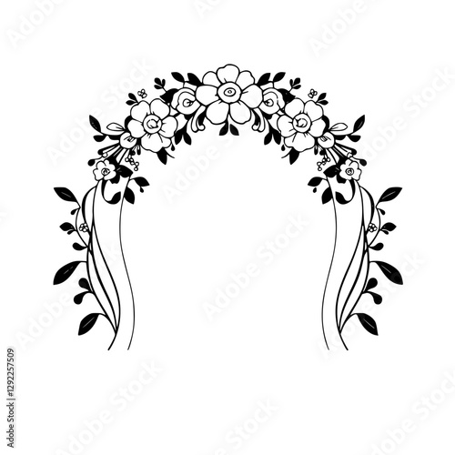 Black and white floral arch with flowers and leaves.