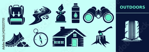 Outdoors icon set with backpack, gas stove, camping chair, water bottle, boot, cabin, compass, binoculars, axe.