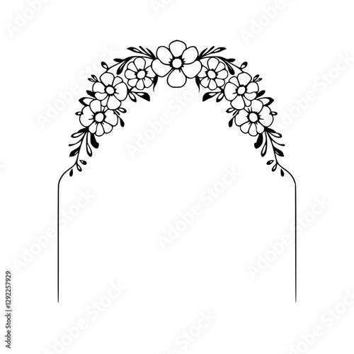 Floral arch outline with a variety of flowers, leaves, and subtle branches in a black and white, minimalist style.