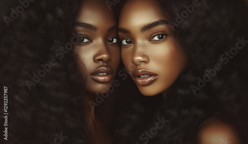 Two beautiful African women next to each other. With long afro hair. Beauty, fashion,cosmetics, multicultural. Beauty portrait of African American girl  with afro hair . Beautiful black woman . 