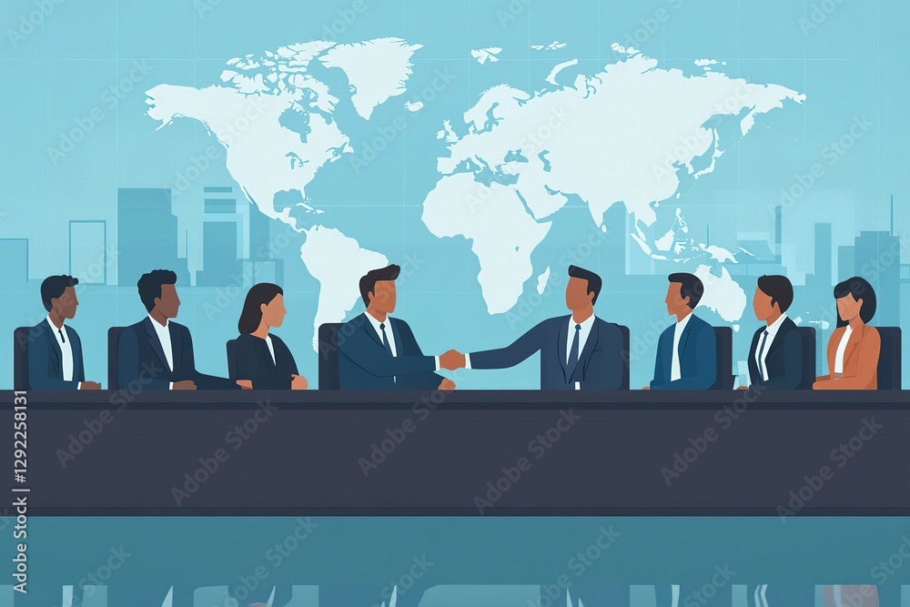 Business Agreement Concept. Vector illustration in flat style of a group of diverse people sitting at a desk and two businessmen at the head shaking hands with a world map in the background,8k image