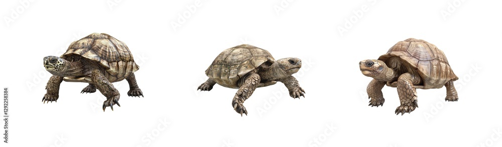Three turtles display unique shell features and pose on clean surface with detailed patterns Three turtles display unique shell features and pose on clean surface with detailed patterns
