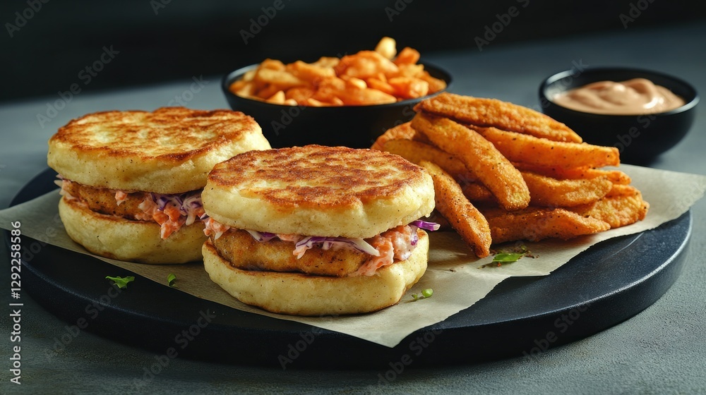 Mini Fish Sandwiches with Fries & Coleslaw on Plate