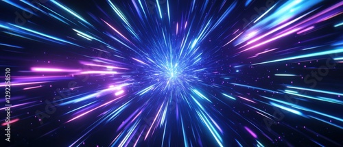 Abstract hyperspace jump with lightspeed motion blur effect in blue and purple, concept of futuristic travel, science fiction, and cosmic energy