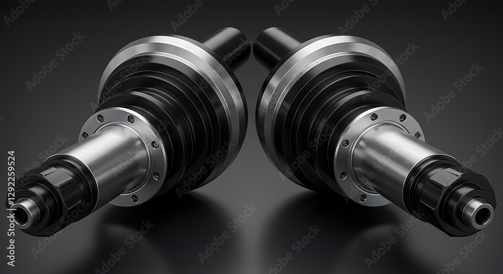 Two Black and Red Cylindrical Engine Parts on White Background Two Black and Red Cylindrical Engine Parts on White Background