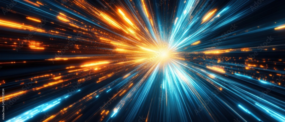 Abstract data stream with blue and orange light streaks converging to a central point, representing high speed internet and digital technology Abstract data stream with blue and orange light streaks converging to a central point, representing high speed internet and digital technology