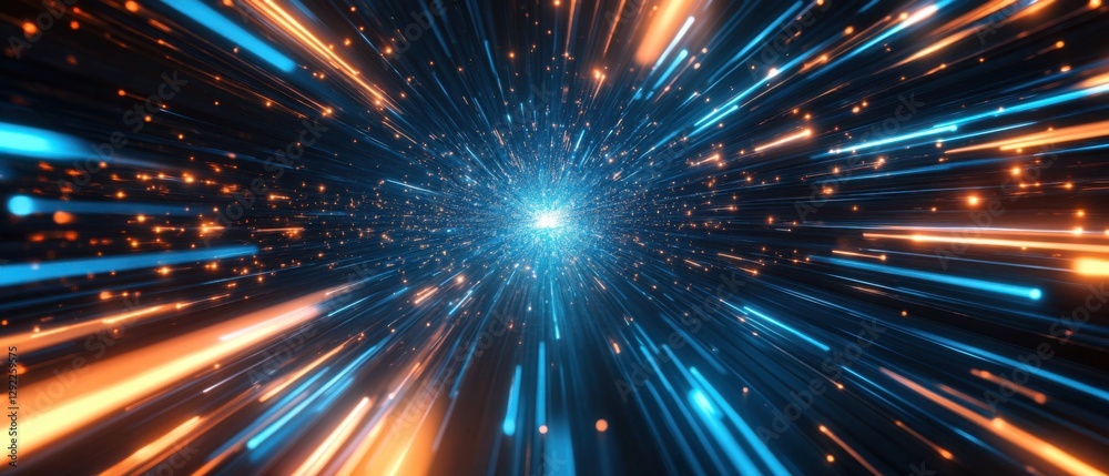 Abstract hyperspace jump with blue and orange light streaks, representing high speed data transfer and futuristic technology concept Abstract hyperspace jump with blue and orange light streaks, representing high speed data transfer and futuristic technology concept