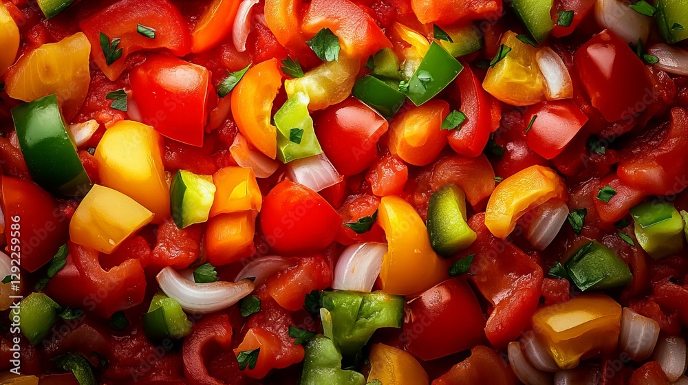 A vibrant mix of finely chopped red tomatoes, bell peppers, and onions creates a colorful and appetizing salsa. A vibrant mix of finely chopped red tomatoes, bell peppers, and onions creates a colorful and appetizing salsa.