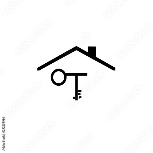 Modern graphic of a house with a key, representing home ownership and security.