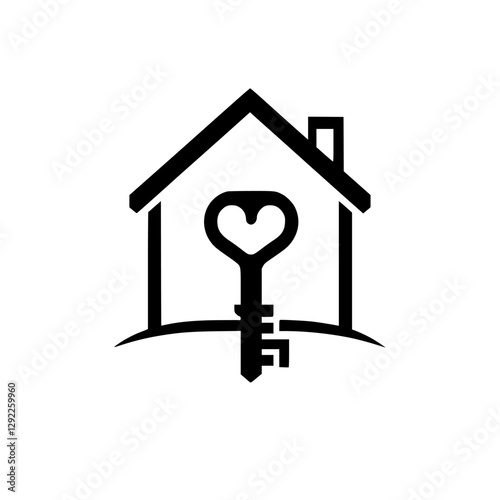 House silhouette of a keyhole heart house with a key-shaped heart.