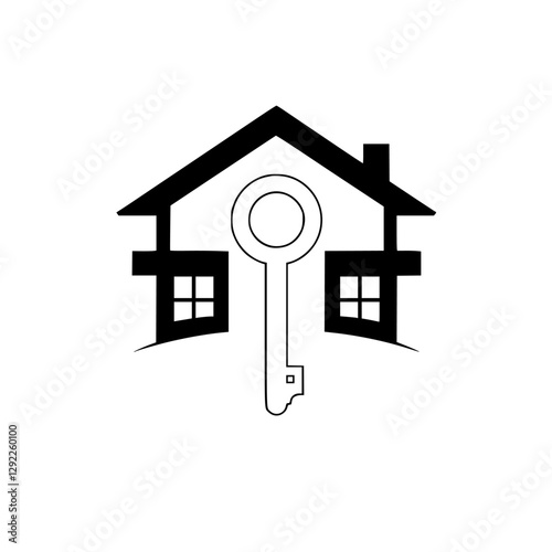 Black and white house logo featuring a key, representing home ownership and security.