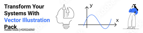 Lightbulb with arrows symbolizing ideas, graph curves for data analysis, woman contemplating solutions. Ideal for innovation, strategy, technology, creativity, education, business flat landing page