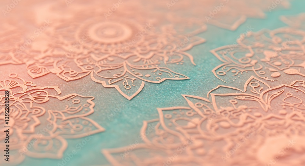 Naklejka premium Intricate floral mandala patterns with soft peach and turquoise gradient background, concept for wellness spa decoration, yoga studio branding and bohemian lifestyle promotion