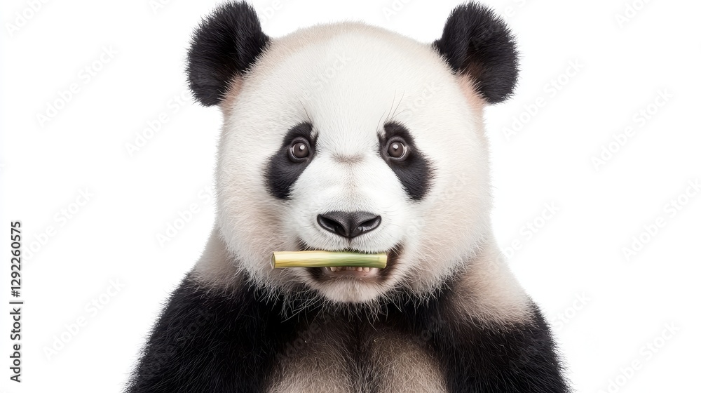 Naklejka premium Cute panda eating bamboo, white background, wildlife conservation