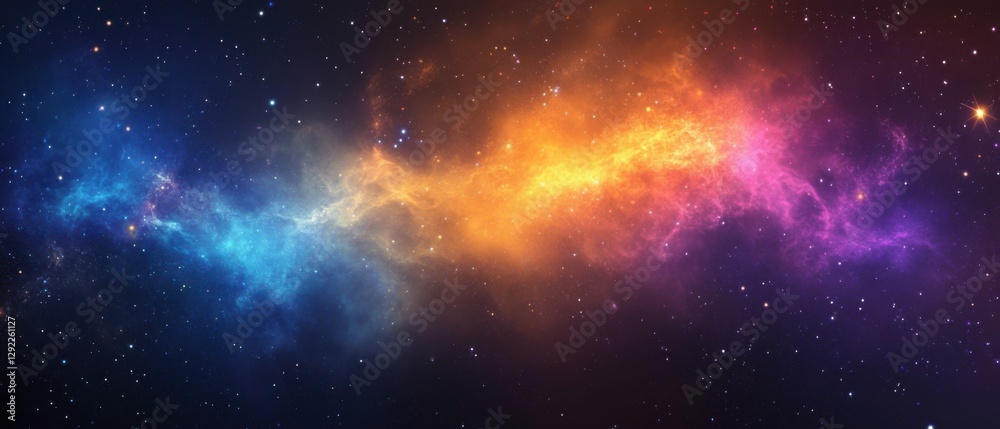 Naklejka premium Colorful cosmic nebula with stars in deep space, abstract galaxy background with vibrant blue, orange, and pink hues Concept of science, astronomy, and exploration