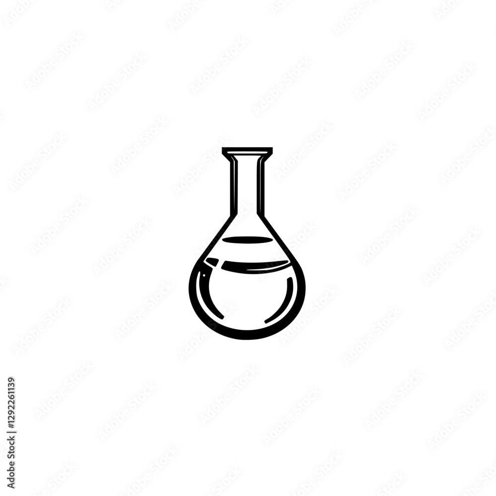 Minimalist black and white illustration of a lab flask, set against a white background.