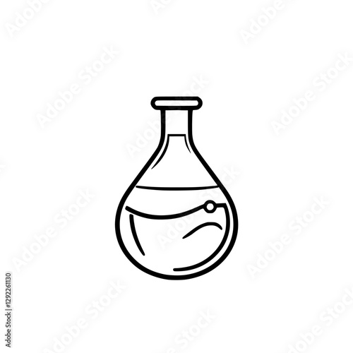 Outlined Flask Containing Liquid: Science lab illustration on white background. Minimalist.