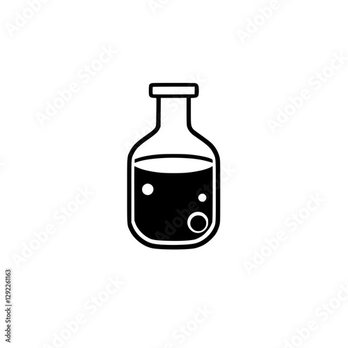 Minimalist black and white illustration of a bottle with a liquid inside.
