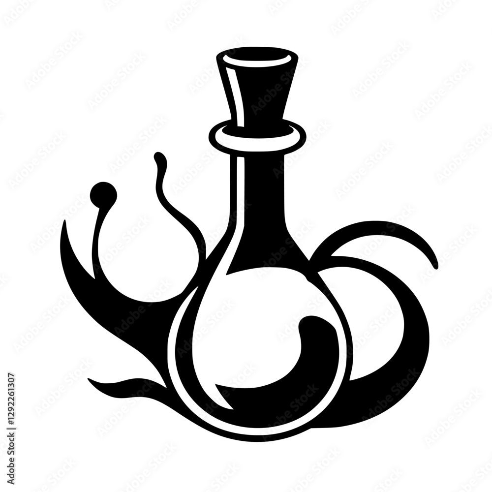 Stylized silhouette of a snail holding a potion bottle, combining whimsy with a minimalist illustration style.