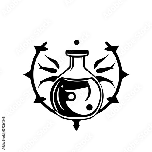 Black & White emblem of a potion flask surrounded by thorns.