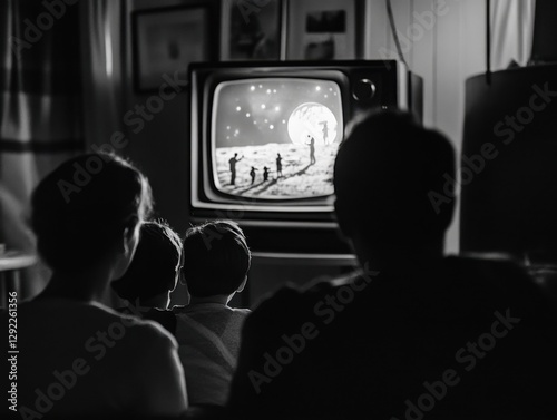 Nostalgic 1960s Family TV Time: Vintage Black and White Moon Landing Broadcast