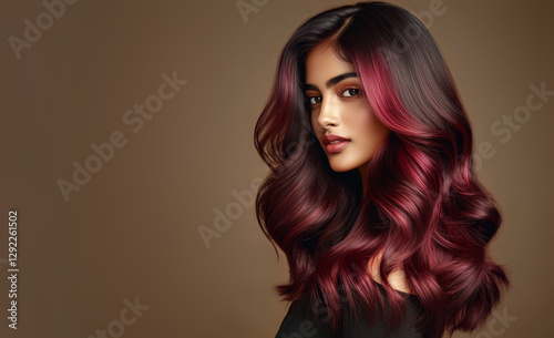 Beautiful Indian Woman with burgundy balayage , hair coloring technique. Beauty model girl with medium length soft wavy hair . curly hairstyle dye .Fashion, cosmetics and makeup