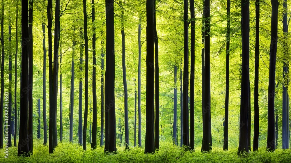 Fototapeta premium Enchanting Forest with Lush Green Trees and Vibrant Natural Light, Service metrics nurture forest growth concept.