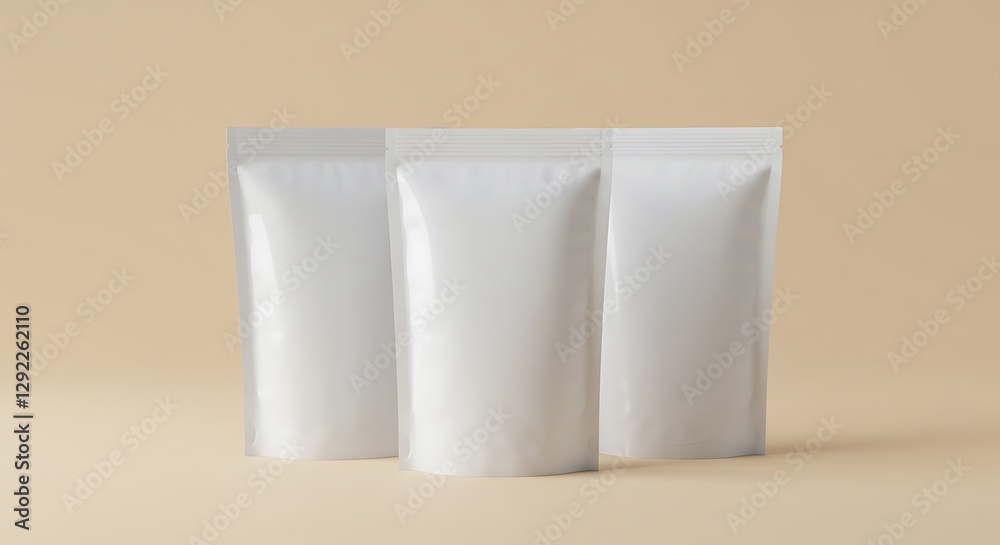 Three White Stand Up Pouches on Brown Background
Three White Stand Up Pouches on Brown Background