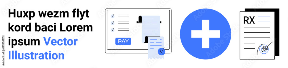 Documents with payment receipt, medical cross, and prescription form. Ideal for medical billing, payment systems, healthcare management, online prescriptions, financial processes, hospital systems Documents with payment receipt, medical cross, and prescription form. Ideal for medical billing, payment systems, healthcare management, online prescriptions, financial processes, hospital systems