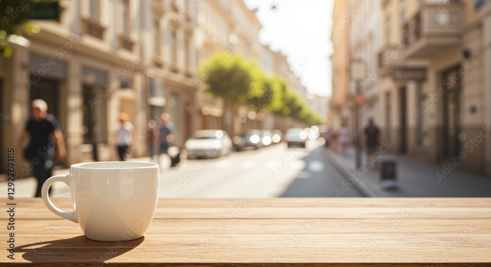 A white ceramic coffee cup resting on a wooden table, exuding a cozy and inviting mood, in a sun-drenched outdoor urban setting with blurred pedestrians and vehicles in the background A white ceramic coffee cup resting on a wooden table, exuding a cozy and inviting mood, in a sun-drenched outdoor urban setting with blurred pedestrians and vehicles in the background