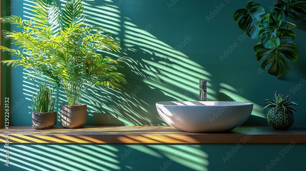 Obraz premium Modern White Bathroom Interior with Large Window and Abundant Green Plants