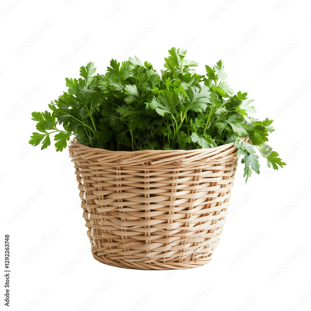 Fresh parsley in a woven basket against a clean Transparent background, Parsley in basket isolated on PNG background Fresh parsley in a woven basket against a clean Transparent background, Parsley in basket isolated on PNG background