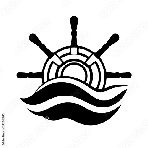 Black and white logo with steering wheel and waves.