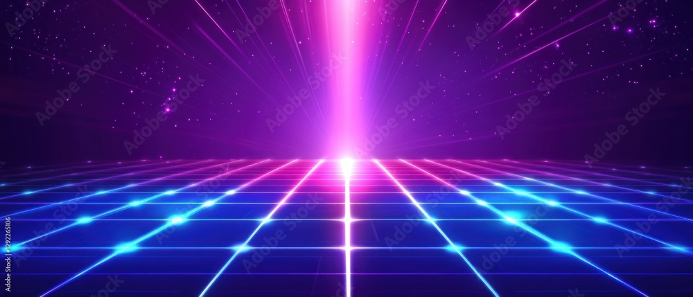 Retro futuristic neon grid with glowing light beam in purple and blue, concept of virtual reality, metaverse, and digital space Retro futuristic neon grid with glowing light beam in purple and blue, concept of virtual reality, metaverse, and digital space